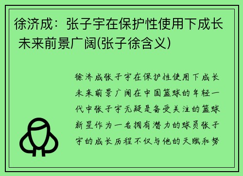 徐济成：张子宇在保护性使用下成长 未来前景广阔(张子徐含义)