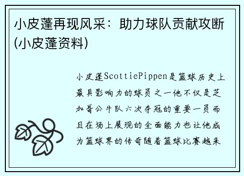 小皮蓬再现风采：助力球队贡献攻断(小皮蓬资料)
