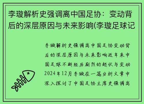 李璇解析史强调离中国足协：变动背后的深层原因与未来影响(李璇足球记者)