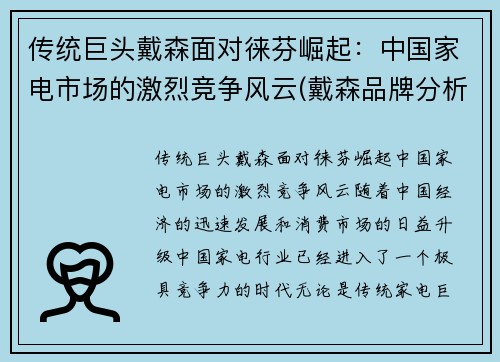 传统巨头戴森面对徕芬崛起：中国家电市场的激烈竞争风云(戴森品牌分析)