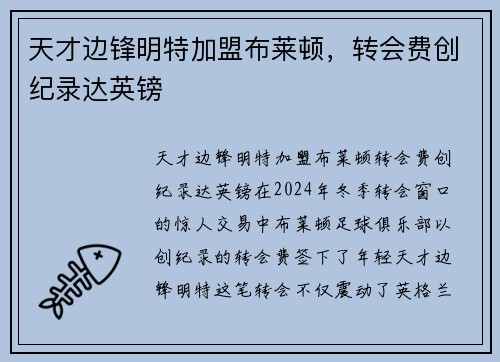 天才边锋明特加盟布莱顿，转会费创纪录达英镑